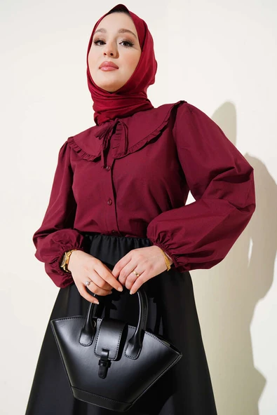 Fırfırlı Bebe Yaka Balon Kol Kısa Gömlek Bordo