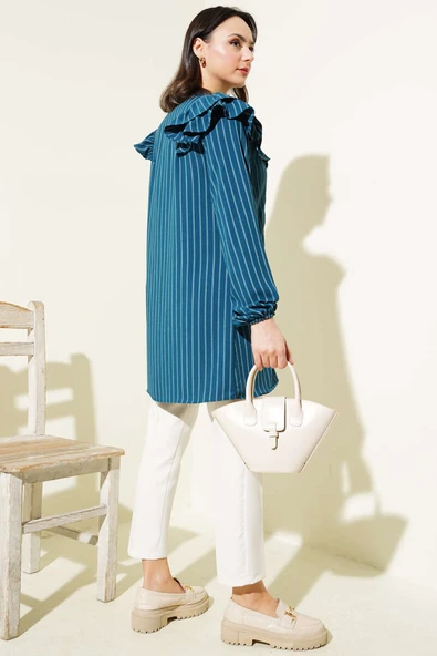 Omuzları Fırfırlı Çizgili Tunik Zümrüt - Resim 3