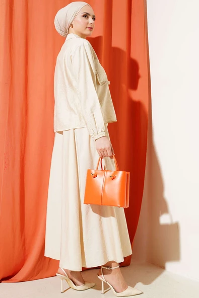 Taşlı Fırfırlı Etekli İkili Takım Bej - Resim 3