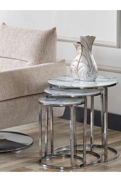 SEDAŞ LIVING UNITS 4 Lü Beyaz Mermer Temperli Kırılmaz Cam Gümüş Metal Ayaklı Cam C Model Sehpa Takımı (ZİGON VE ORTA) - 2