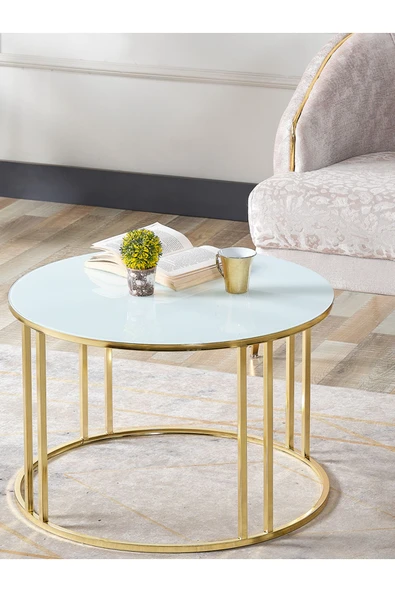 SEDAŞ LIVING UNITS 4 Lü Beyaz Temperli Kırılmaz Cam Gold Metal Ayaklı Cam C Model Sehpa Takımı (ZİGON VE ORTA) - 2