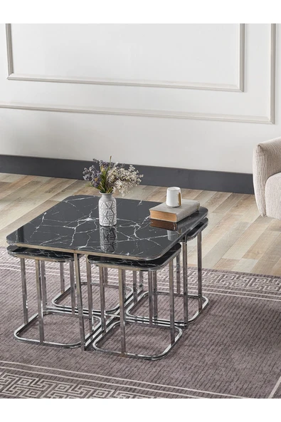 SEDAŞ LIVING UNITS PELİKAN 4+1 SİYAH MERMER TEMPERLİ CAM GÜMÜŞ METAL AYAK TAKIM SEHPA sedaş_lıvıng_unıts_sehpa - 2