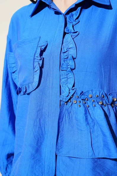 Taşlı Fırfırlı Etekli İkili Takım Saks - Resim 4