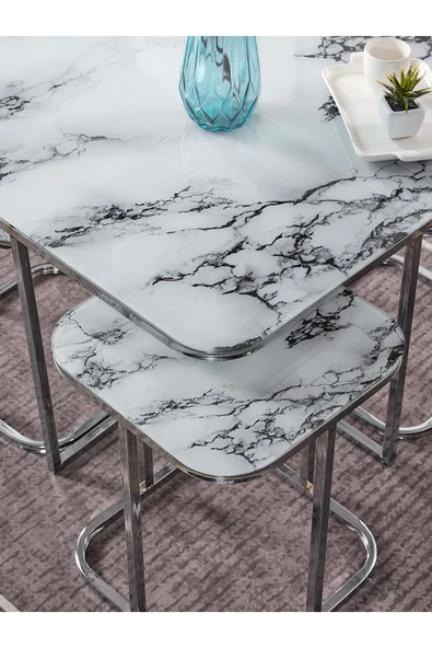 SEDAŞ LIVING UNITS PELİKAN 4+1 BEYAZ MERMER TEMPERLİ CAM GÜMÜŞ METAL AYAK TAKIM SEHPA - 3
