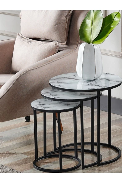 SEDAŞ LIVING UNITS 4 Lü Beyaz Mermer Temperli Kırılmaz Cam Siyah Metal Ayaklı Cam C Model Sehpa Takımı (ZİGON VE ORTA) - 2