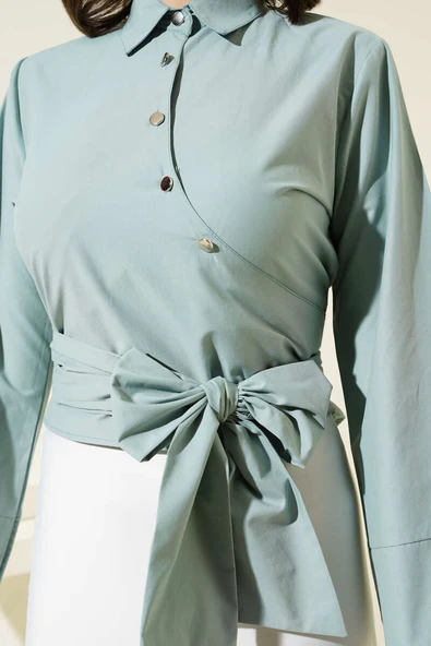 Yandan Bağlamalı Çapraz Düğmeli Kısa Gömlek Mint - Resim 4