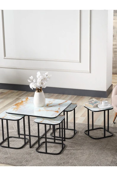 SEDAŞ LIVING UNITS PELİKAN 4+1 SARI MERMER TEMPERLİ CAM SİYAH METAL AYAK TAKIM SEHPA sedaş_lıvıng_unıts_sehpa