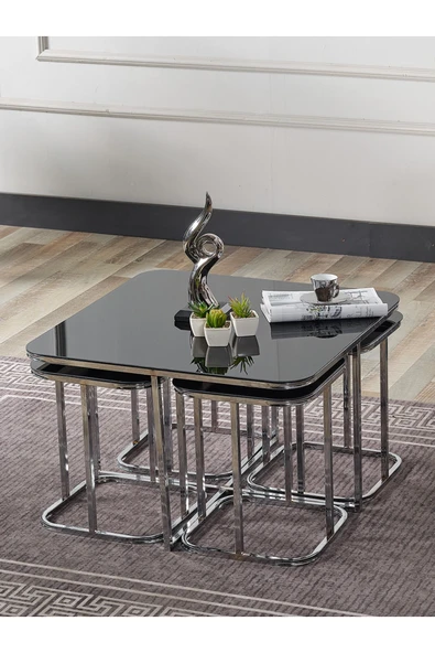 SEDAŞ LIVING UNITS PELİKAN 4+1 SİYAH AYNALI TEMPERLİ CAM GÜMÜŞ METAL AYAK TAKIM SEHPA sedaş_lıvıng_unıts_sehpa