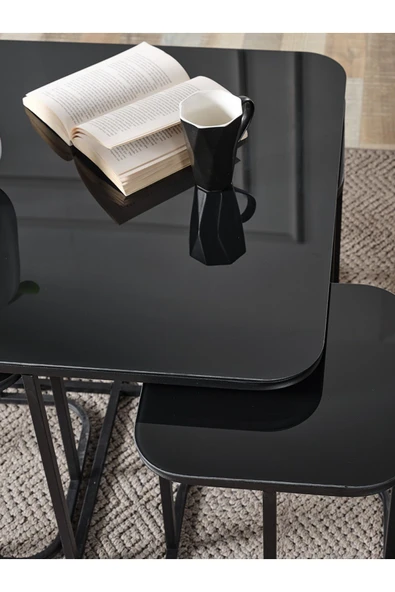 SEDAŞ LIVING UNITS PELİKAN 4+1 SİYAH AYNALI TEMPERLİ CAM SİYAH METAL AYAK TAKIM SEHPA - 3