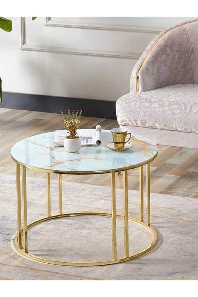 SEDAŞ LIVING UNITS 4 Lü Sarı Mermer Temperli Kırılmaz Cam Gold Metal Ayaklı Cam C Model Sehpa Takımı (ZİGON VE ORTA) - 2