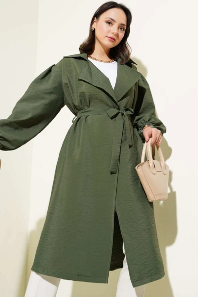 Balon Kol Kuşaklı Basic Uzun Kap Haki - Resim 2