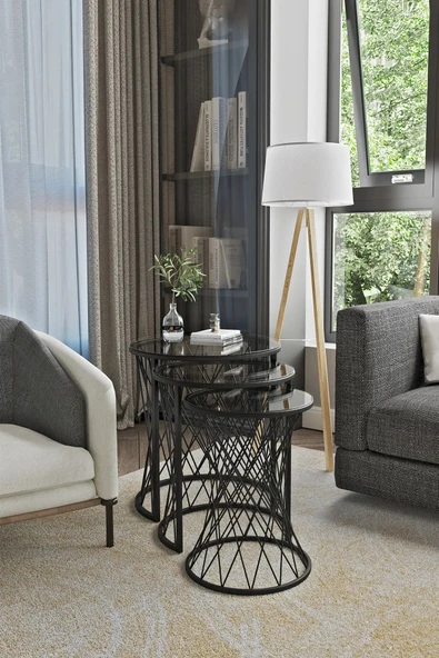 SEDAŞ LIVING UNITS 3 LÜ SİYAH KENARLI FÜME KIRILMAZ TEMPERLİ CAM AYAK HASIR ZİGON SEHPA - 1