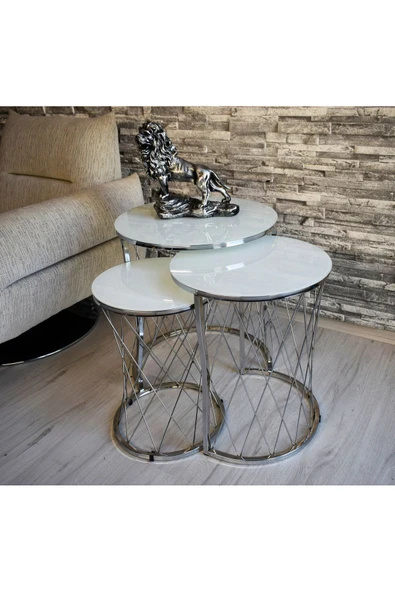 SEDAŞ LIVING UNITS 3 lü Hasır Model Beyaz (Temperli Cam) Gümüş Ayak Zigon Sehpa - 2