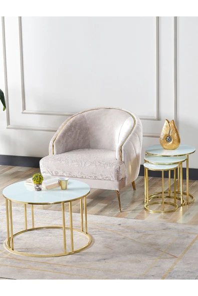 SEDAŞ LIVING UNITS 4 Lü Beyaz Temperli Kırılmaz Cam Gold Metal Ayaklı Cam C Model Sehpa Takımı (ZİGON VE ORTA)