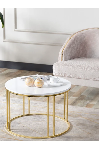 SEDAŞ LIVING UNITS Salon Orta Sehpa 70 CM  BEYAZ Suntalam (Gold) Metal Ayak Orta Sehpa