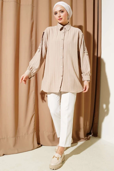 Kol Apoletli Ağaç Kabuğu Gömlek Bej - Resim 2