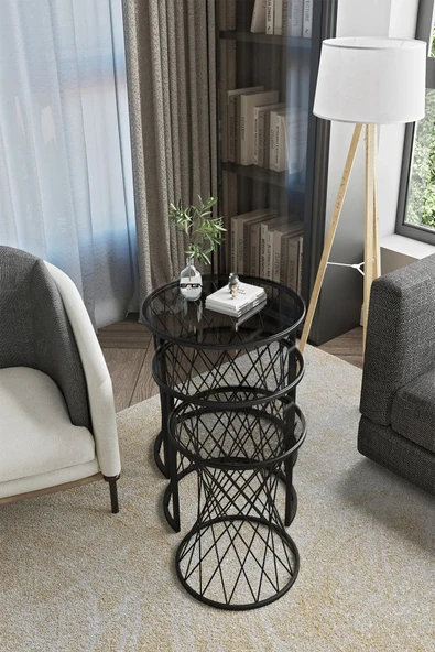 SEDAŞ LIVING UNITS 3 LÜ SİYAH KENARLI FÜME KIRILMAZ TEMPERLİ CAM AYAK HASIR ZİGON SEHPA - 2