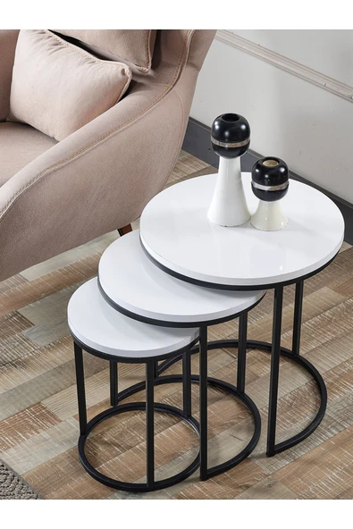 SEDAŞ LIVING UNITS 4 Lü Beyaz Suntalam Siyah Metal Ayaklı Cam C Model Sehpa Takımı (ZİGON VE ORTA) - Resim 4