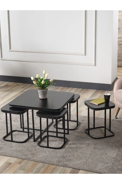 SEDAŞ LIVING UNITS 4+1 SİYAH AHŞAP SİYAH METAL AYAK TAKIM SEHPA