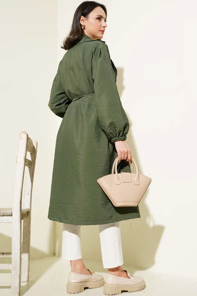 Balon Kol Kuşaklı Basic Uzun Kap Haki - Resim 3