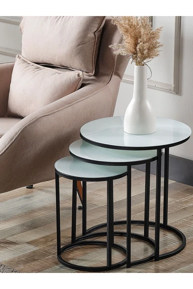 SEDAŞ LIVING UNITS 4 Lü Beyaz Temperli Kırılmaz Cam Siyah Metal Ayaklı Cam C Model Sehpa Takımı (ZİGON VE ORTA) - 2