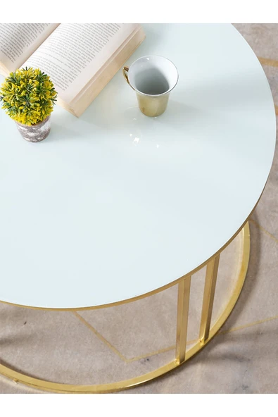 SEDAŞ LIVING UNITS 4 Lü Beyaz Temperli Kırılmaz Cam Gold Metal Ayaklı Cam C Model Sehpa Takımı (ZİGON VE ORTA) - 3