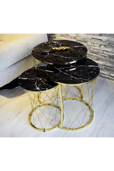 SEDAŞ LIVING UNITS Hasır Telli Siyah Mermer Temperli Kirilmaz Cam Gold Metal Ayak Zigon Sehpa - 2