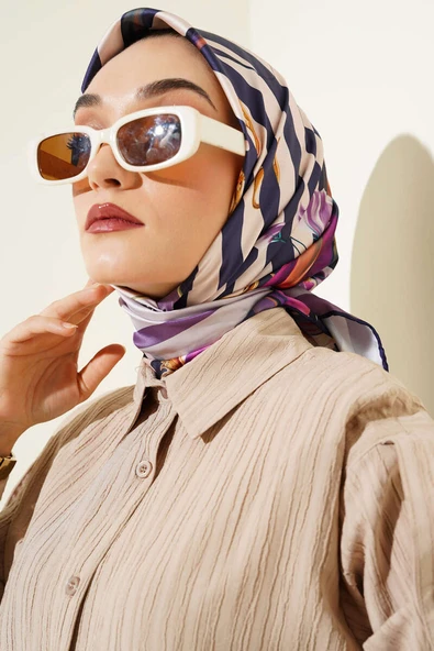 Şeritli Çiçek Desen Rayon Eşarp Lila