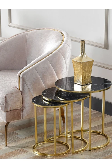 SEDAŞ LIVING UNITS 4 Lü Siyah Mermer Temperli Kırılmaz Cam Gold Metal Ayaklı Cam C Model Sehpa Takımı (ZİGON VE ORTA) - 2