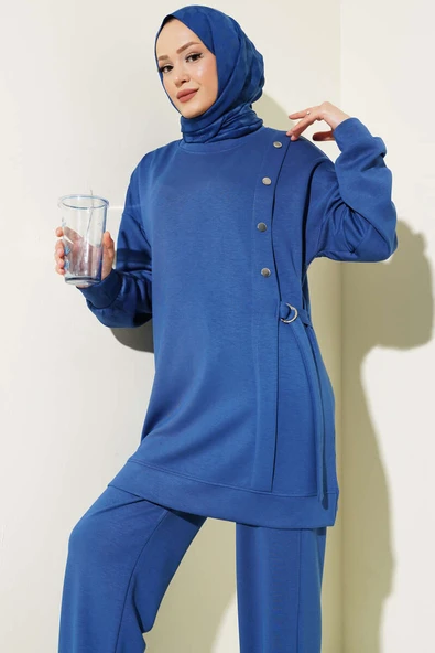 Loyşa Metal Düğme Detaylı İkili Takım İndigo - Resim 2