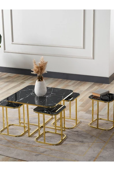SEDAŞ LIVING UNITS PELİKAN 4+1 SİYAH MERMER TEMPERLİ CAM GOLD METAL AYAK TAKIM SEHPA sedaş_lıvıng_unıts_sehpa - 1