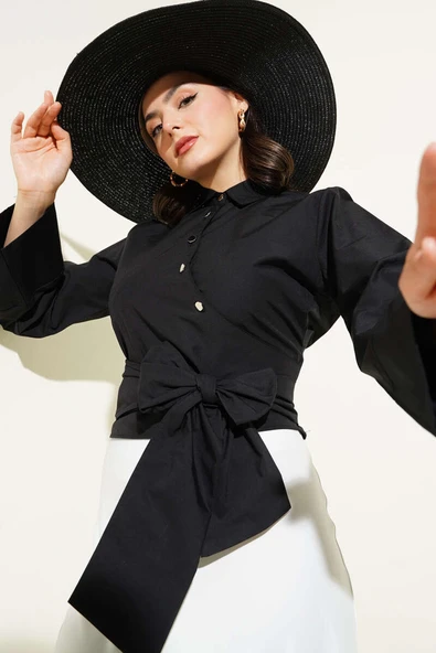 Yandan Bağlamalı Çapraz Düğmeli Kısa Gömlek Siyah ürün görseli 1