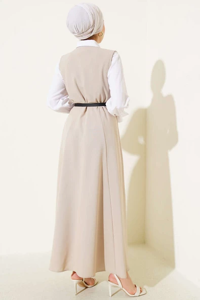 Kruvaze Yaka Kemerli Jile Elbise Bej - Resim 3