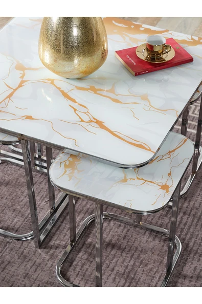 SEDAŞ LIVING UNITS PELİKAN 4+1 SARI MERMER TEMPERLİ CAM GÜMÜŞ METAL AYAK TAKIM SEHPA - 3