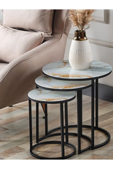 SEDAŞ LIVING UNITS 4 Lü Sarı Mermer Temperli Kırılmaz Cam Siyah Metal Ayaklı Cam C Model Sehpa Takımı (ZİGON VE ORTA) - Resim 2