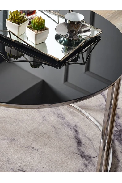 SEDAŞ LIVING UNITS Salon Orta Temperli SİYAH AYNALI (Kırılmaz) Cam (GÜMÜŞ) Metal Ayak Orta Sehpa - 2