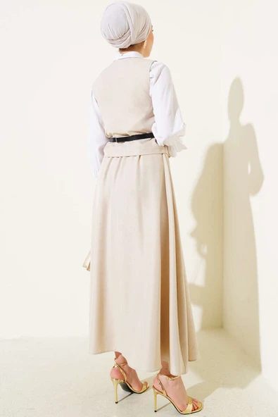Kemerli Çapraz Düğmeli Yelekli Etekli Takım Bej - Resim 3