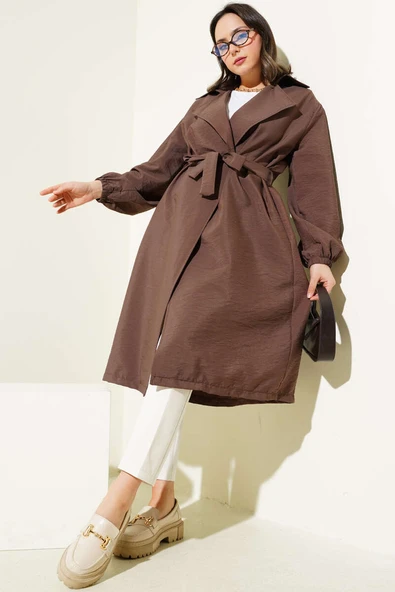 Balon Kol Kuşaklı Basic Uzun Kap Kahve - 2