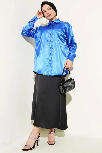 Uzun Kol Saten Gömlek Saks - Resim 2