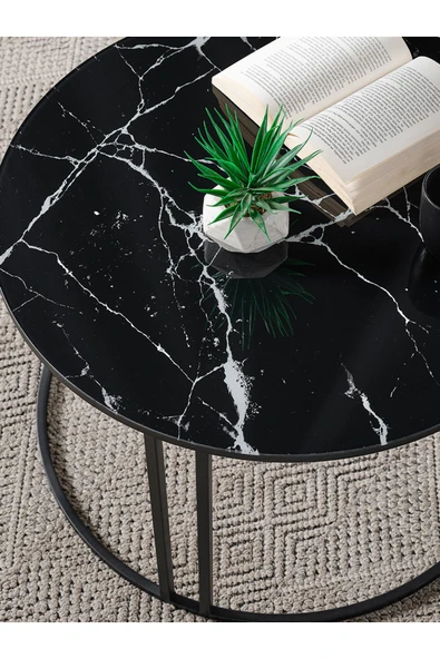 SEDAŞ LIVING UNITS Salon Orta Sehpa Siyah Mermer Desenli Temperli Cam (SİYAH) Metal Ayak Orta Sehpa - 2