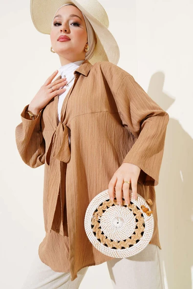 Önü Bağlamalı Krinkıl Kimono Camel ürün görseli 1