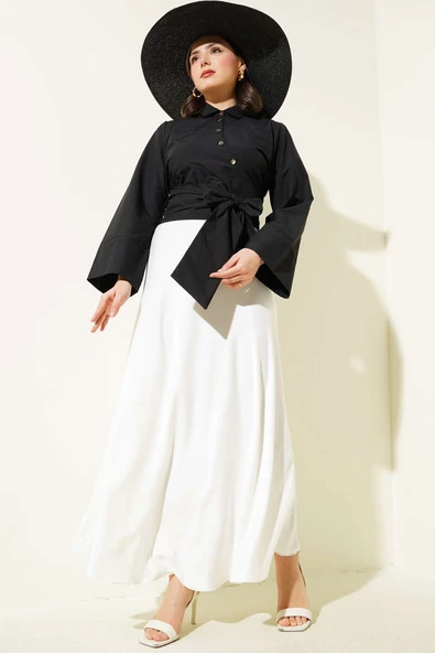 Yandan Bağlamalı Çapraz Düğmeli Kısa Gömlek Siyah - Resim 2