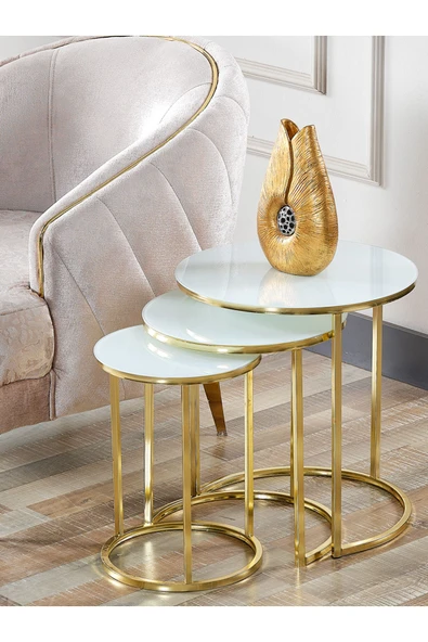 SEDAŞ LIVING UNITS 4 Lü Beyaz Temperli Kırılmaz Cam Gold Metal Ayaklı Cam C Model Sehpa Takımı (ZİGON VE ORTA) - 4