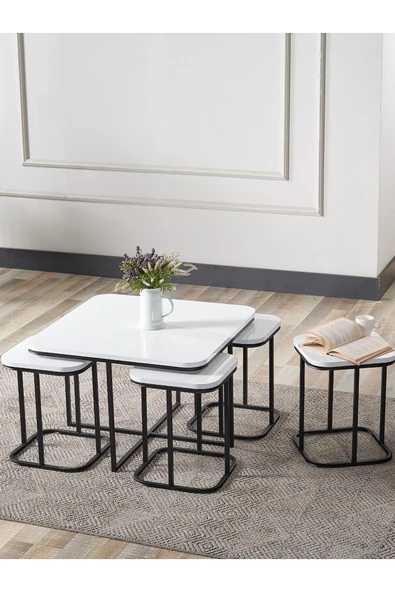 SEDAŞ LIVING UNITS 4+1 Beyaz Ahşap Siyah Metal Ayak Takım Sehpa Lvıng Unıts Sehpa - 2