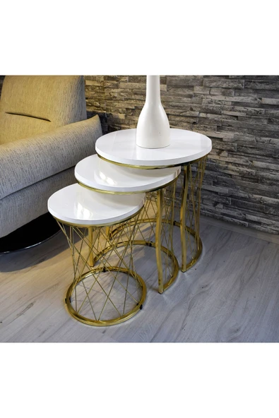 SEDAŞ LIVING UNITS 3 LÜ Hasır Telli Beyaz Suntalam Gold Metal Ayak Zigon Sehpa Sehpa-takimi-zigon-sehba