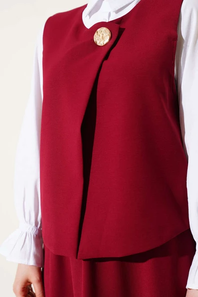 Gold Düğmeli Yelekli Etekli İkili Takım Bordo - Resim 4