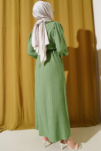 Yaka Dantelli Bel Tünelli Elbise Çağla Yeşili - Resim 3