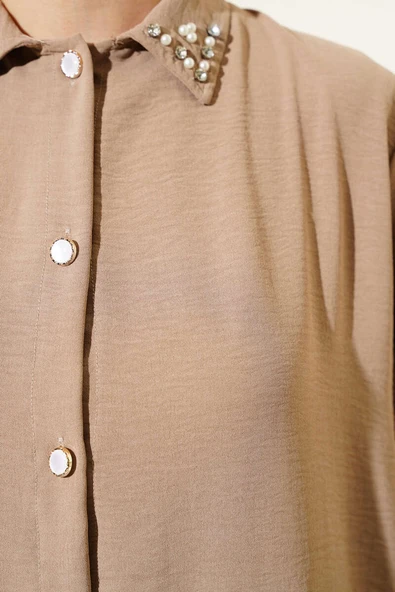 Yaka İncili Uzun Tunik İkili Takım Vizon - Resim 4