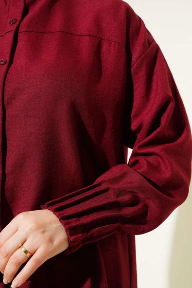 Nervür Detaylı Salaş Gömlek Bordo - 4