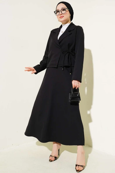 Yandan Bağlamalı Kruvaze Yaka Ceket Takım Siyah ürün görseli 1